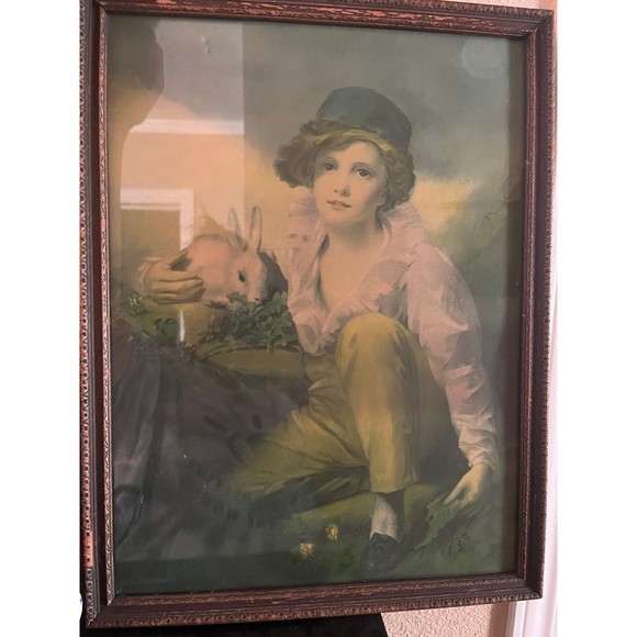 Antique Boy & Rabbit print - Picture 1 of 3